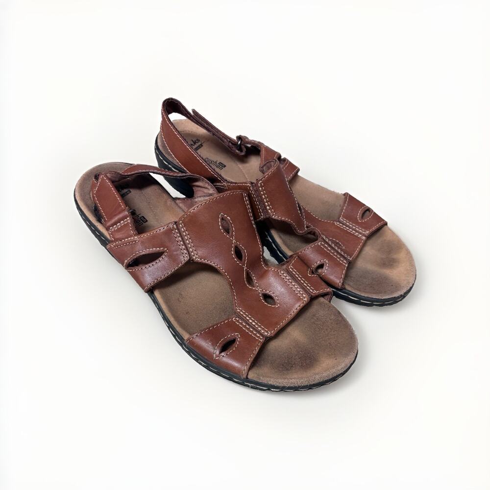 Clarks Collection Women's Brown Leather Comfort Sandals Cushion Soft Size 10 M